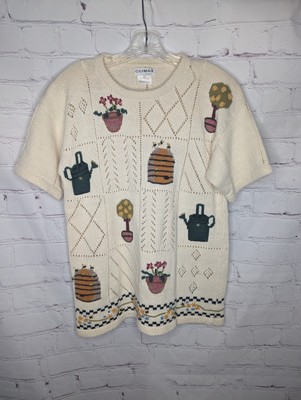 Vintage Climax by Sacha Embroidered Knit Garden Floral Short Sleeve Sweater Sz L