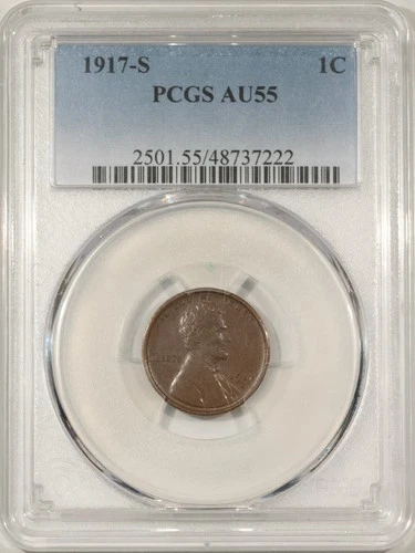 1917-S LINCOLN CENT - PCGS AU-55, NEARLY UNCIRCULATED!