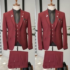 Red 3Pcs Men's Suits Peak Lapel Business Formal Coat Evening Dinner Jackets