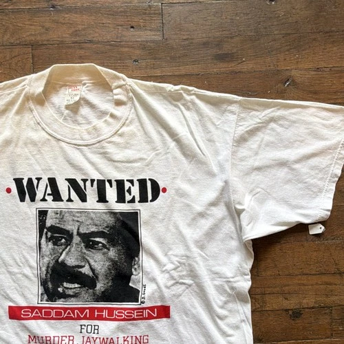 Vintage Saddam Hussein Wanted White Edgy Parody Graphic Shirt Size XL Rare - product listing photo