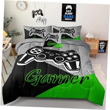 6 Pieces Gaming Bedding Set Size for Boys Gamer Comforter Set for Full Green