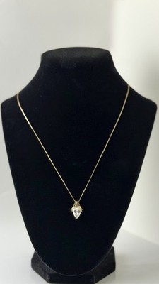 14K Solid Yellow Gold Diamonique Pear Teardrop Necklace - 18  Box Chain - 2.68 G
