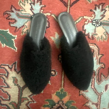 Jenni Kayne Black Shearling Teddy Slide Flat Mules Sz 39 Quiet Luxury