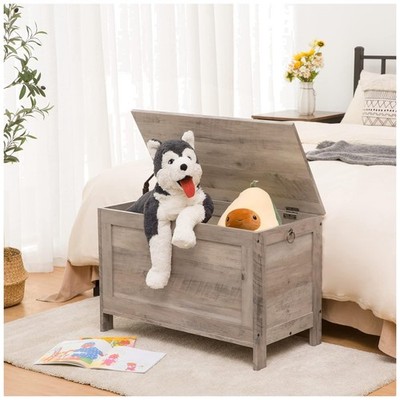 Greige Toy Box, Wooden Look Storage Chest with Safety Hinge