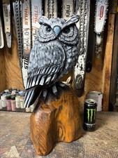 Gray HORNED OWL Chainsaw Carving White Pine Wooden OWL Statue 21