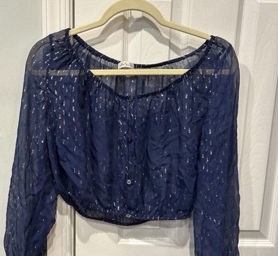 Love Shack Fancy Cropped Sheer Silk Long Sleeve Button Up Blouse Navy Sparkle
