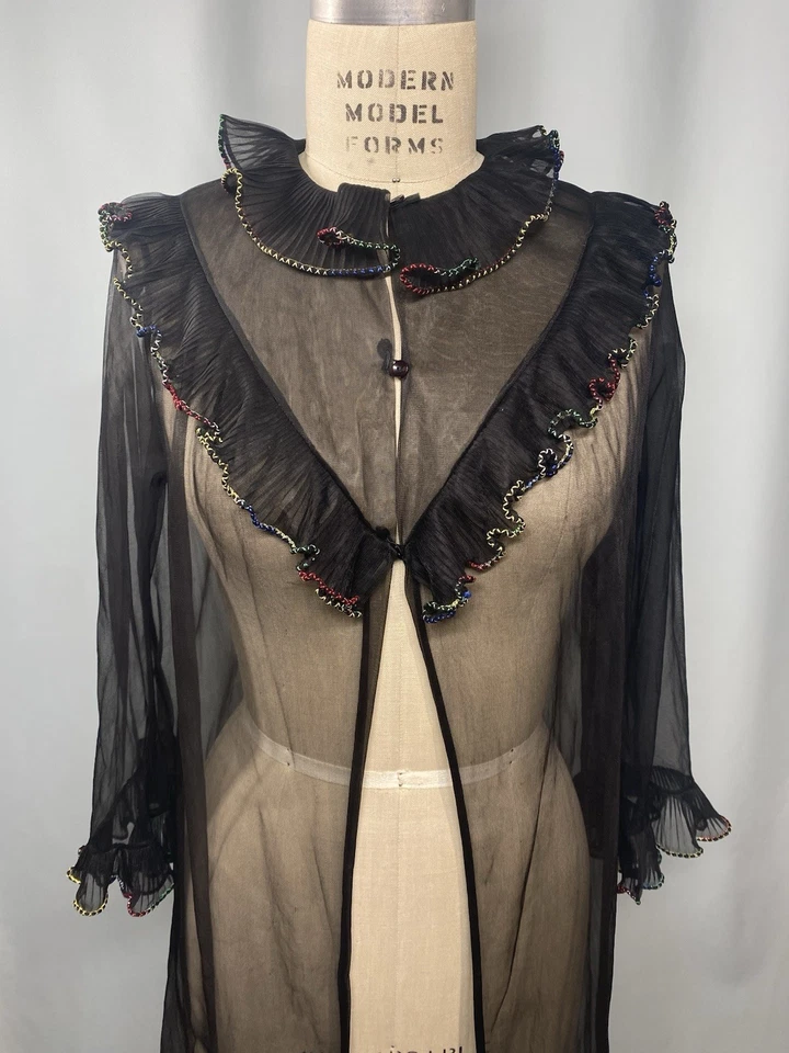 Винтажный чистый халат размер маленький черный rainbow края длинное платье 70-х 80-х оборки - Изображение 2 из 4