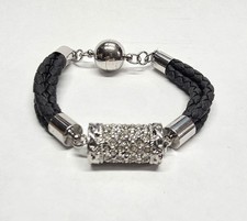 New Braided Black Faux Leather Bracelet Silver Tone Magnetic Clasp Rhinestones