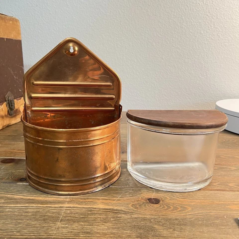 Caja de Sal Cobre Madera y Vidrio Salero Cocina Decoración Hecha en Portugal De Colección Foto 3 de 4