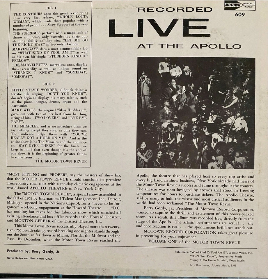 Live at The Apollo V1 LP Stevie Wonder, Marvin Gaye, Mary Wells, Miracles VG/VG - Image 2 of 2