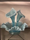 Fenton Blue Opalescent Glass Hobnail   3 Horn Trumpet Vase Ruffled Vtg