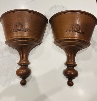 2 Vtg MCM 1963 SYROCO Wall Pocket Planter Sconce SET Faux Wood Finish HOMCO USA
