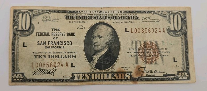 1929 $10 Dollar Bill The Federal Reserve Bank Of San Francisco, CA