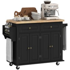 HOMCOM Rolling Kitchen Island Cart with Rubber Wood Top, Spices Black