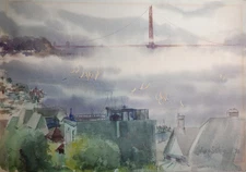 Vintage Watercolor Painting, Golden Gate Bridge Sailboats, Dorothy Satter 1970