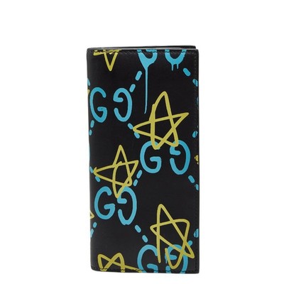 Gucci Ghost Star Print Long Wallet 448466 Black Blue Yellow Leathe