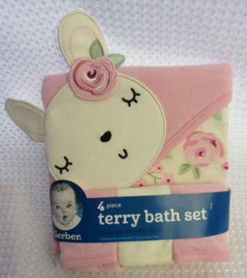 Gerber Bunny Pink Roses Baby Girl 4-Piece Terry Bath Set Hooded Towel Washcloths