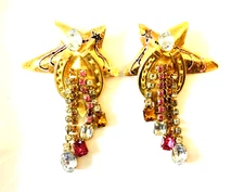 Large Vintage 1987 LUNCH AT THE RITZ Crystal & Gold Star Earrings