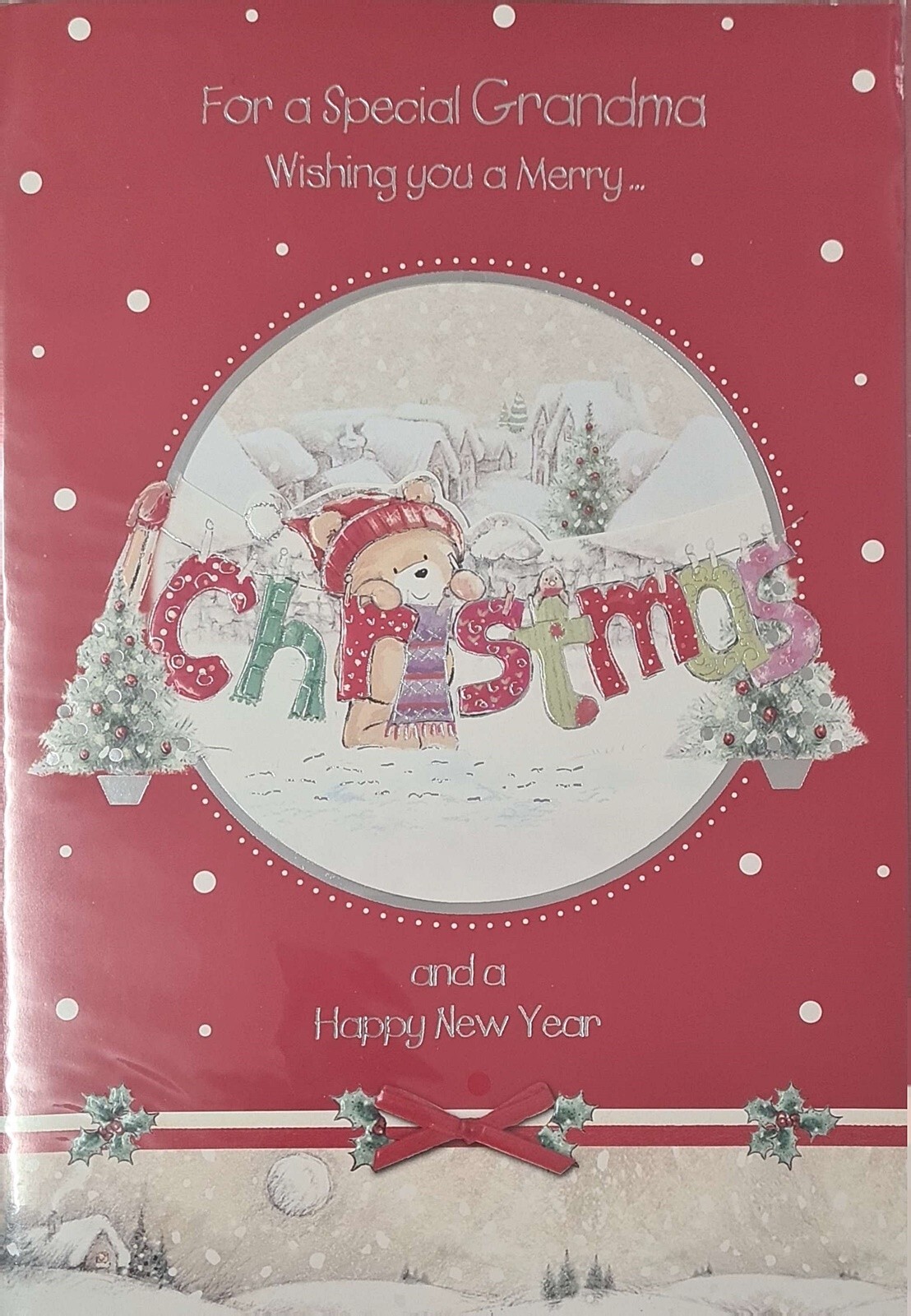 Christmas Card For a Special Grandma Cute Bear Hanging out Washing Silver Foil