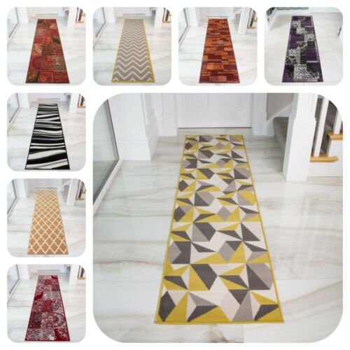 Modern Ochre Grey Hallway Runner Rugs 60x240cm Soft Long Non Shed Hall Runners - Picture 1 of 15