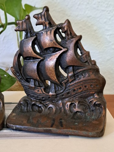 Set fermalibri barca nautica nave bronzo fuso vintage pesanti unici curati - Foto 3 di 8
