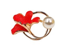 Sparkly pink flower pin brooch with white pearl on gold stem New