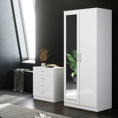 ELEGANT 2 Doors High Gloss Mirror Wardrobe White Bedroom Furniture Storage Hanging Rail