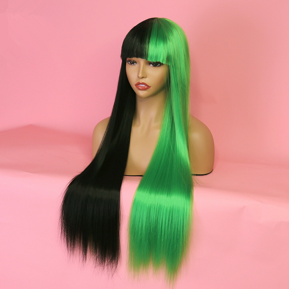 Long Straight Synthetic Wigs Half Black Half Green Wig With  display picture 3