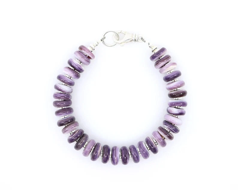 AAA Purple Wampum Quahog Heishi Beaded Shell & Sterling Silver Gemstone Bracelet - Image 2 of 4