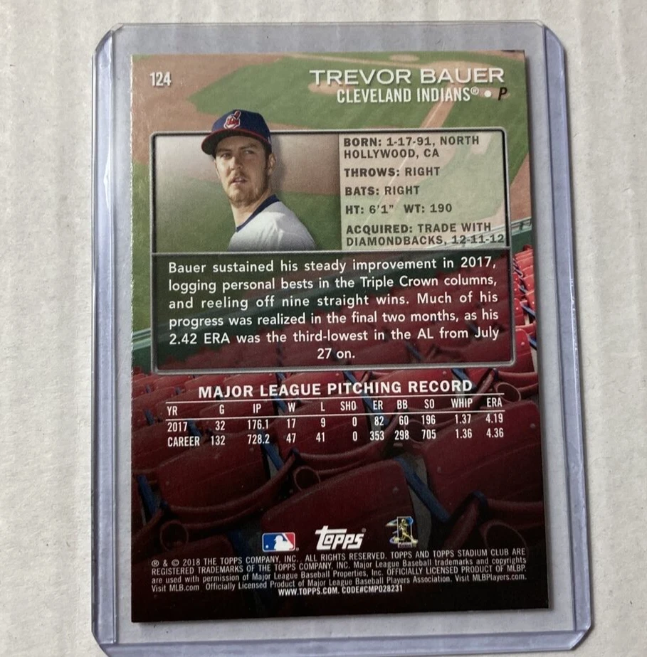 2018 Topps Stadium Club #124- TREVOR BAUER - Image 2 of 2