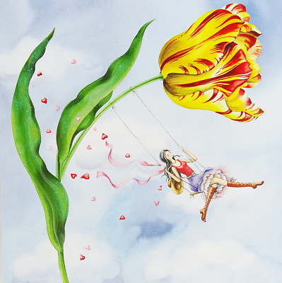 Nina Chen*Postkarte*14x14*Frau Tulpen-Schaukel Blumen Grußkarte Glitzer Frühling