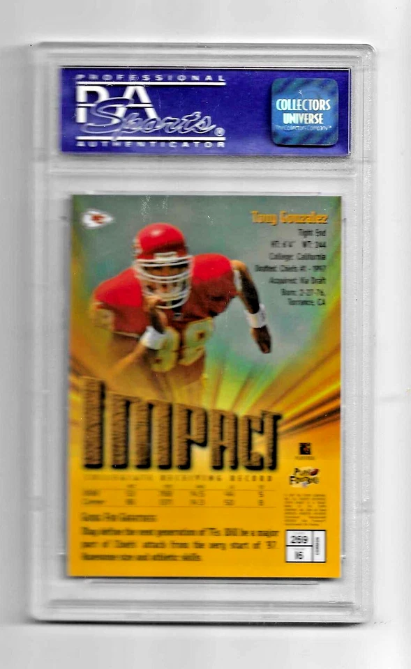 1997 ЛУЧШАЯ ФУТБОЛЬНАЯ КАРТОЧКА NO269 HOF ТОНИ ГОНСАЛЕС RC PSA 10 НАЧАЛЬНИКИ КАНЗАС-СИТИ - Изображение 4 из 4