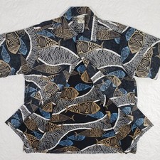 Go Barefoot Shirt Mens M Fish Black Brown Blue White Reverse Print Hawaiian