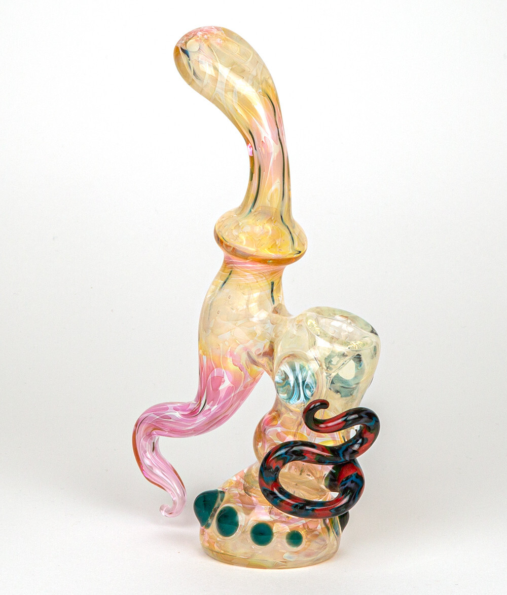 American Made Glass Pipe Gold &amp; Silver Fume On Clear Glass Sherlock Bubbler USA 