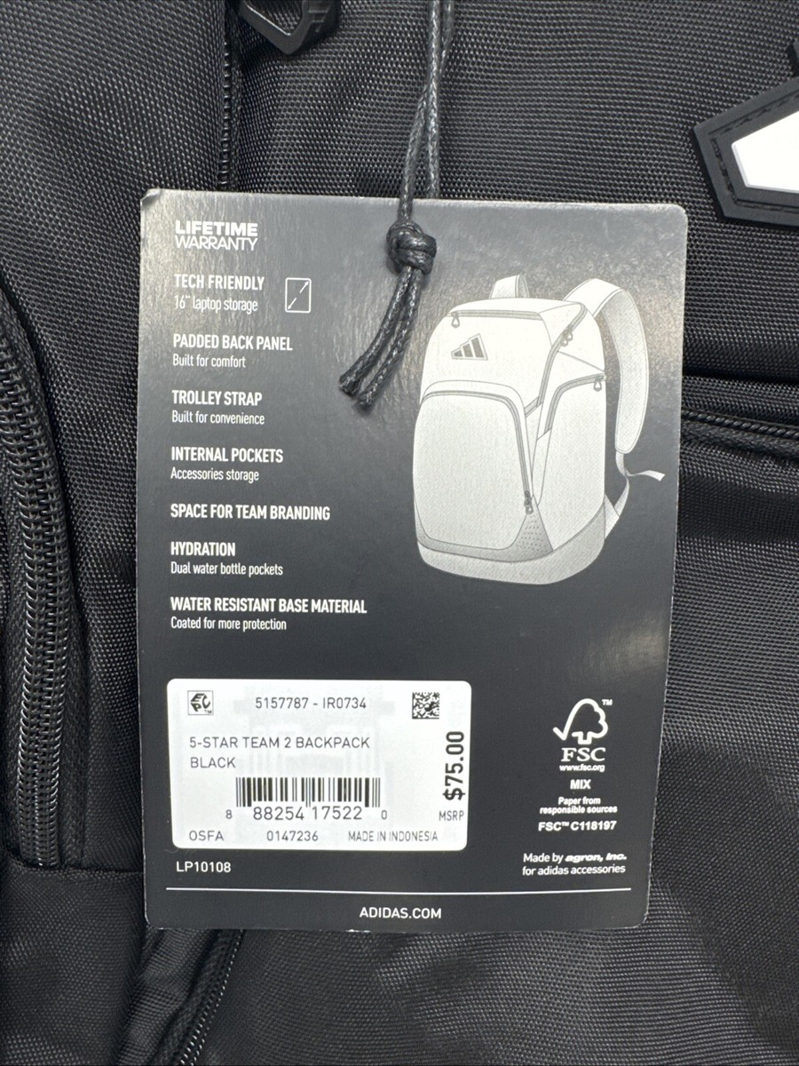 adidas Black 5-Star Team 2 Backpack Dual Water Bottle Pockets