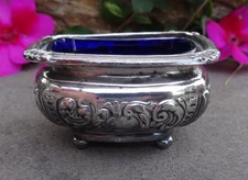 English Silverplated Open Salt Dip, Cellar, Dish w/Cobalt Blue Glass Liner!