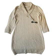 Calvin Klein Women Sweater Dress Size L Beige Buckle 3/4 Sleeve Knee Length