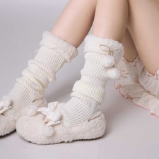 1 Pair Lady Cute Mid-calf Knitted Sock Plush Trim Japanese JK Socks Winter Sweet
