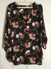 Daniel Rainn-Black Brown Yellow Red Blue Floral 3/4 Sleeve Vneck Top Blouse-1X
