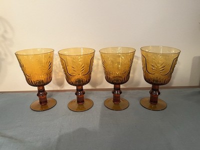 Vintage Amber ''Circleware'' Glass Water Wine Goblet Set of 4