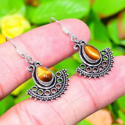Natürlicher Tigerauge Edelstein Handarbeit 925 Sterlingsilber Ohrring 1,58'' Geschenk P694