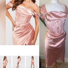 Boohoo Size UK 16 New Peach Satin Corset Cowl Draped off shoulder Dress