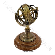 Vintage Armillary Brass Desktop Globe Sphere with Wooden Base - Astrolabe Decor