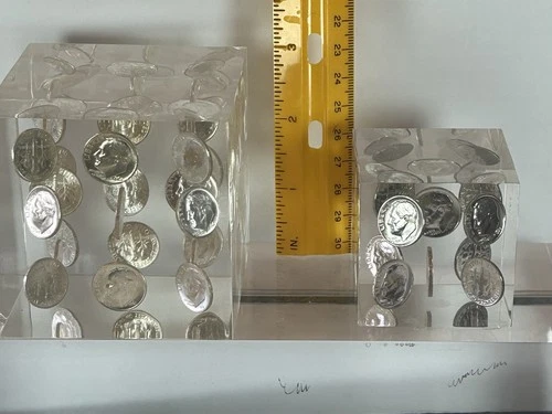 Lot Two UNC. Roosevelt Dimes Embedded In Lucite. 3” 1961/62  2”70 Silver & Clad.