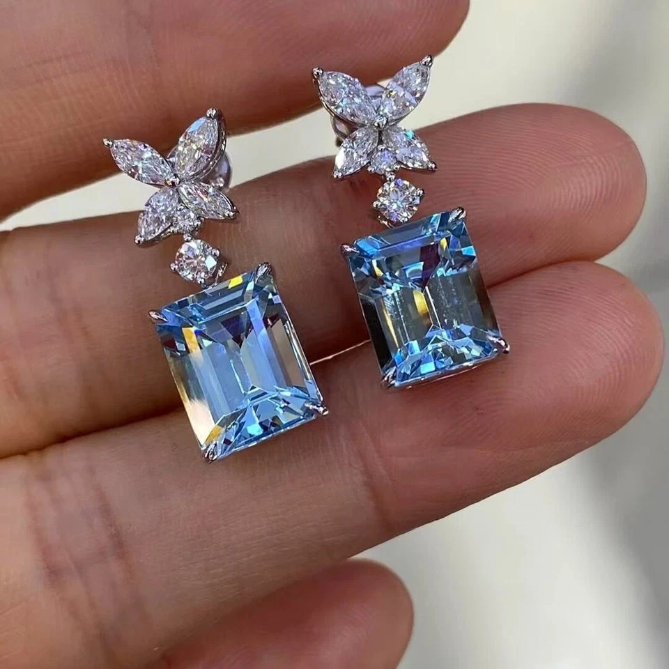 Pendiente de diamantes aguamarina natural corte esmeralda de 8,63 quilates oro blanco real de 14 quilates Foto 4 de 4