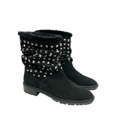 Stuart Weitzman 5 Narrow Arctica Black Faux Fur Studded Slouchy Pull On Boots