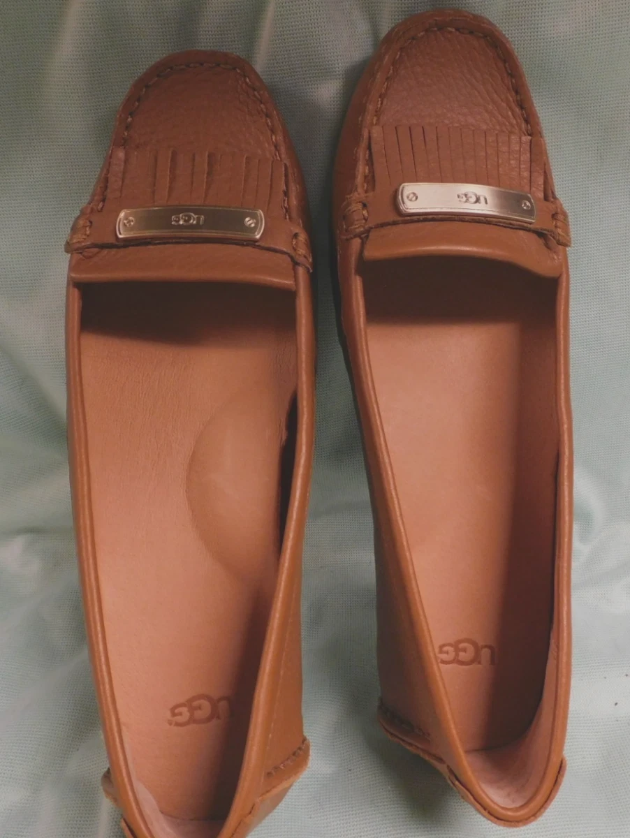 UGG SCARPE DONNA MOCASSINI COGNAC RUGGINE MARRONE FRANGIA LOGO 9M SUOLA AD ALETTA NUOVE