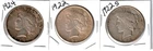 LOT OF 3 SILVER US PEACE DOLLARS~1922S~1922~1924