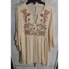 Entro Anthropologie Embroidered Flared Dress Lrg Cream Boho Cottagecore Hippie