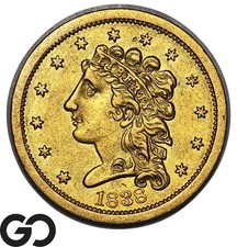 1838 Gold Quarter Eagle, $2.5 Classic Head, Choice BU++, RARE Early Gold Piece!